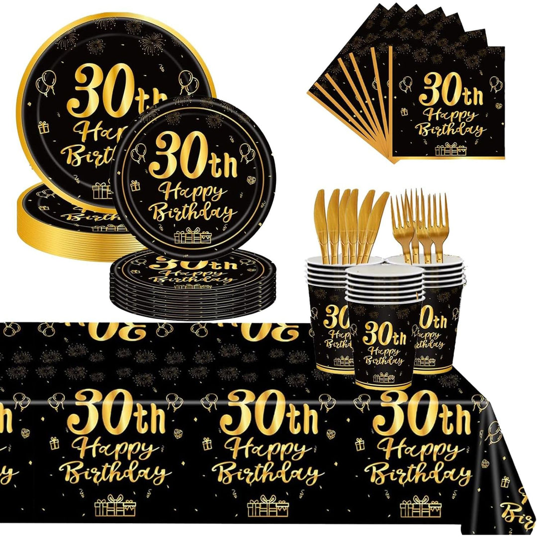 145-piece black and gold 30th birthday tableware kit for 24 guests