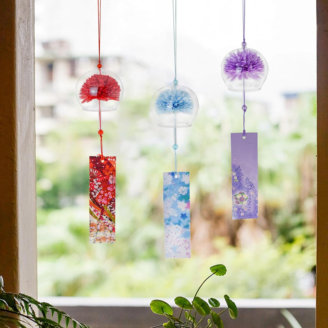Six colorful flower-design glass wind chimes, view 6