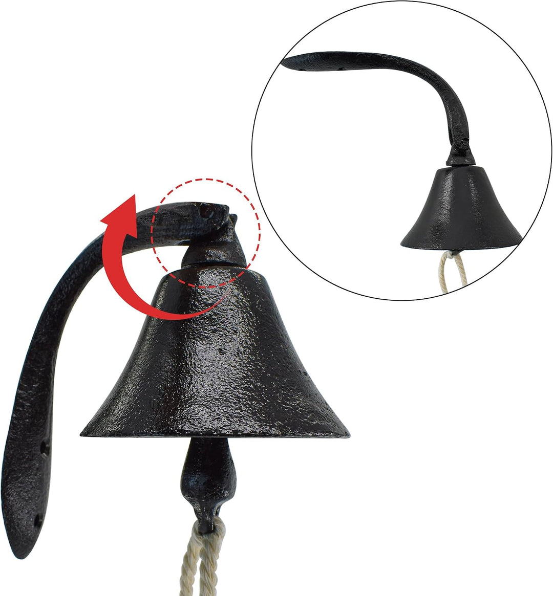 Black cast-iron wall-mounted dinner bell with rope, view 3