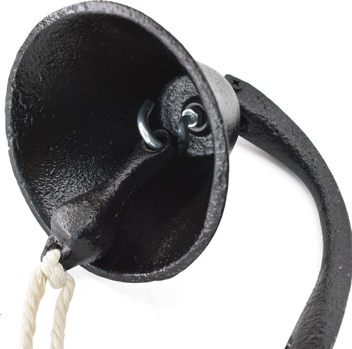 Black cast-iron wall-mounted dinner bell with rope, view 5