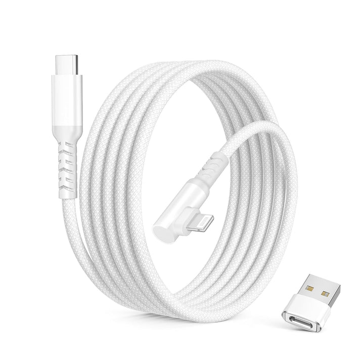 White 3.3-foot right-angle USB-C to Lightning cable with USB-A adapter, view 1