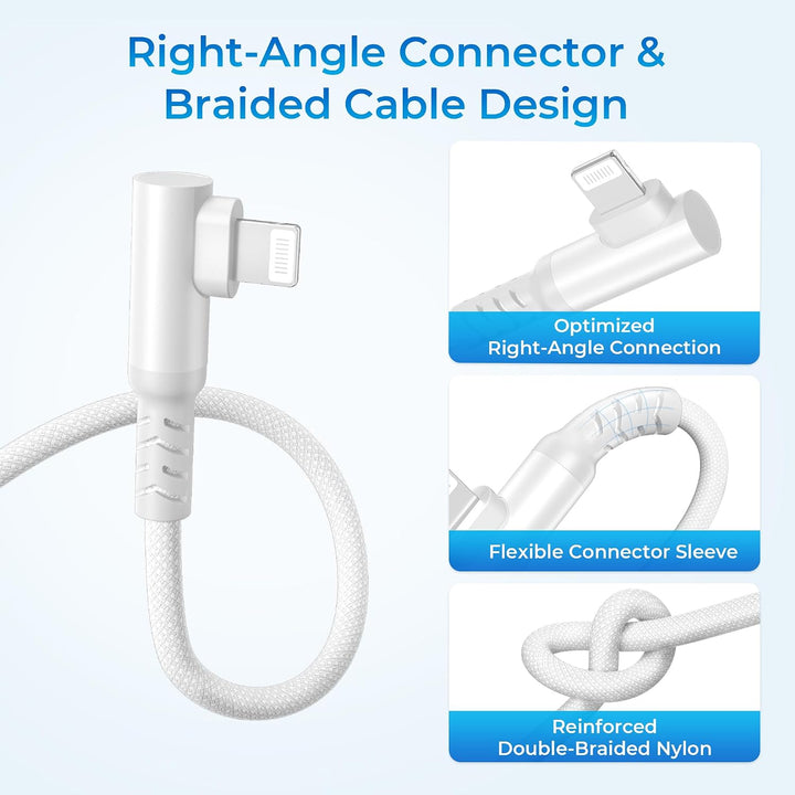 White 3.3-foot right-angle USB-C to Lightning cable with USB-A adapter, view 3
