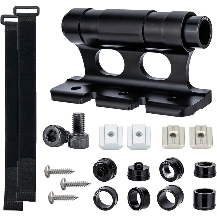 black bicycle fork mount with adapters, straps and mounting hardware