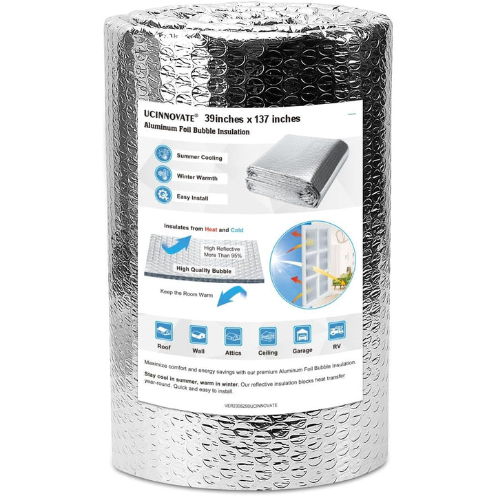 double-sided foil bubble insulation roll labeled 39 by 137 inches