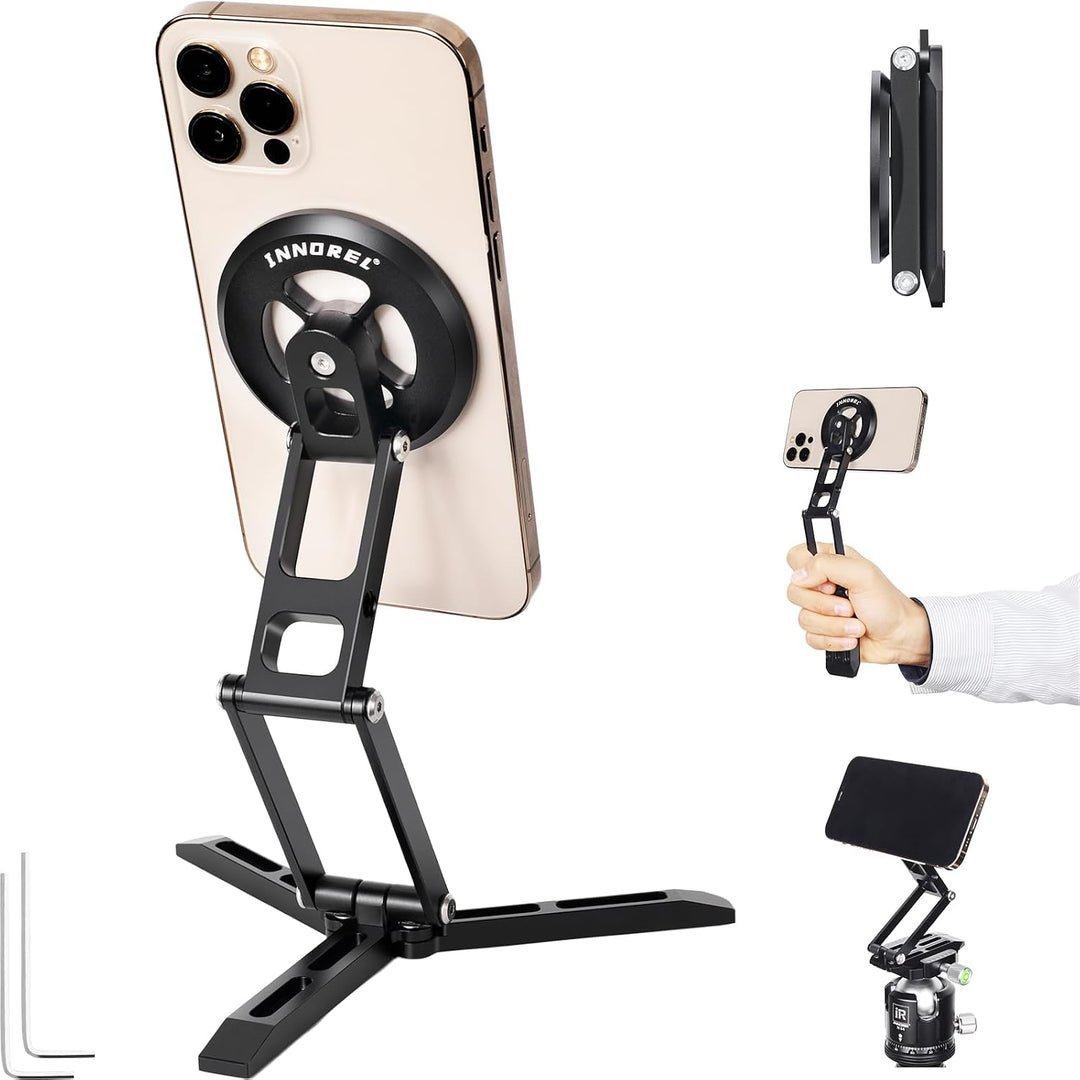 folding magnetic phone stand shown on desk, handheld and tripod