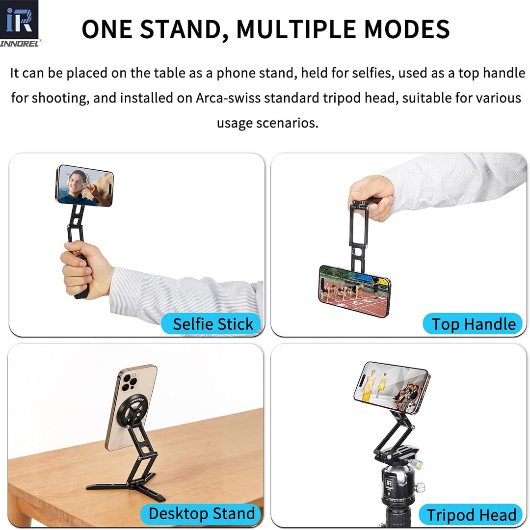 magnetic phone stand in selfie, desktop and tripod modes