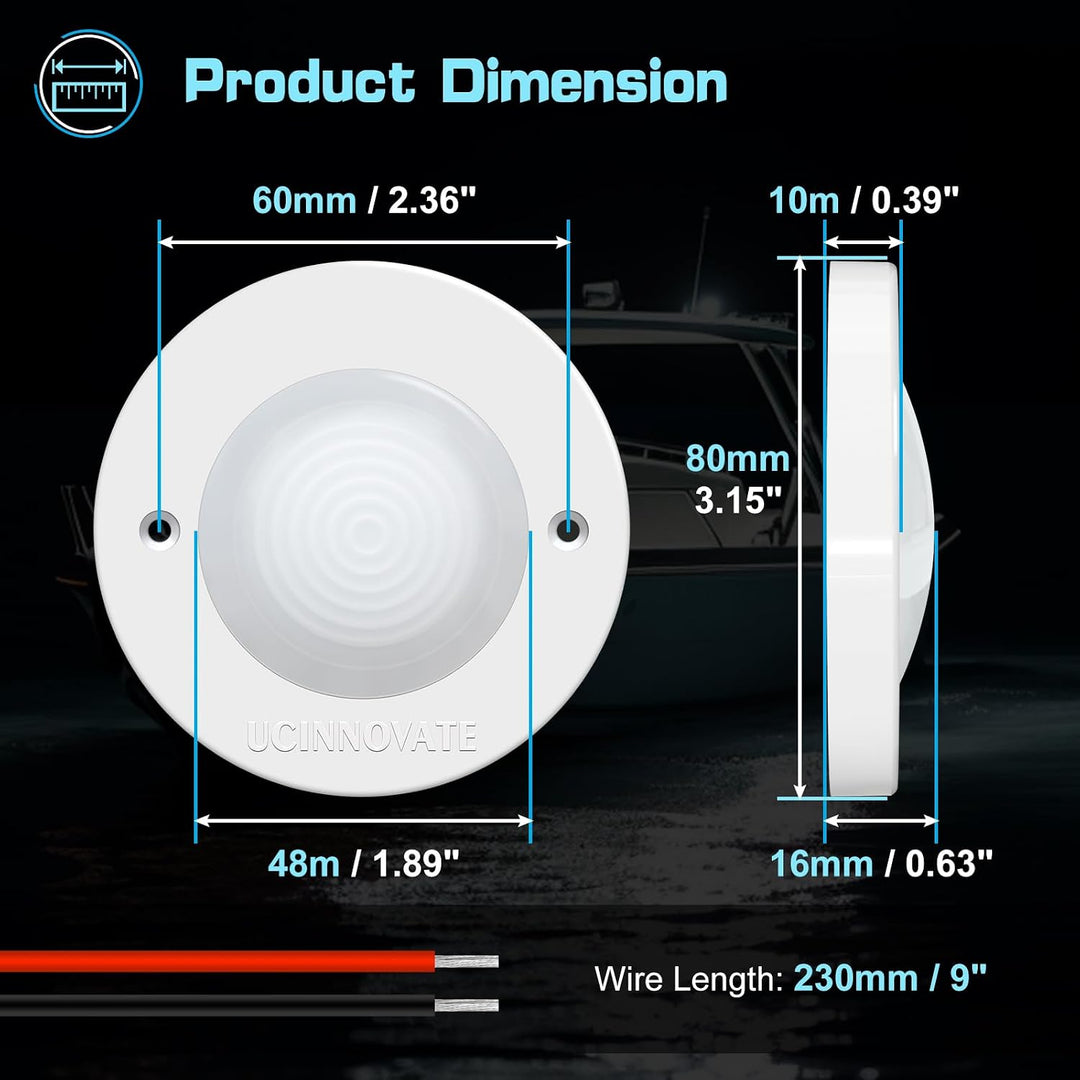 white-housing round boat light dimension guide