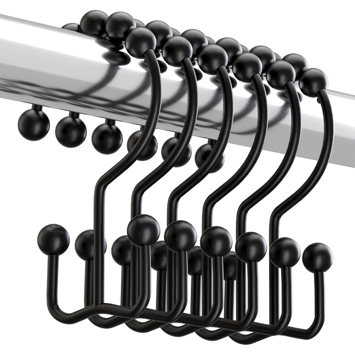 12 matte black double-glide shower curtain hooks on a rod