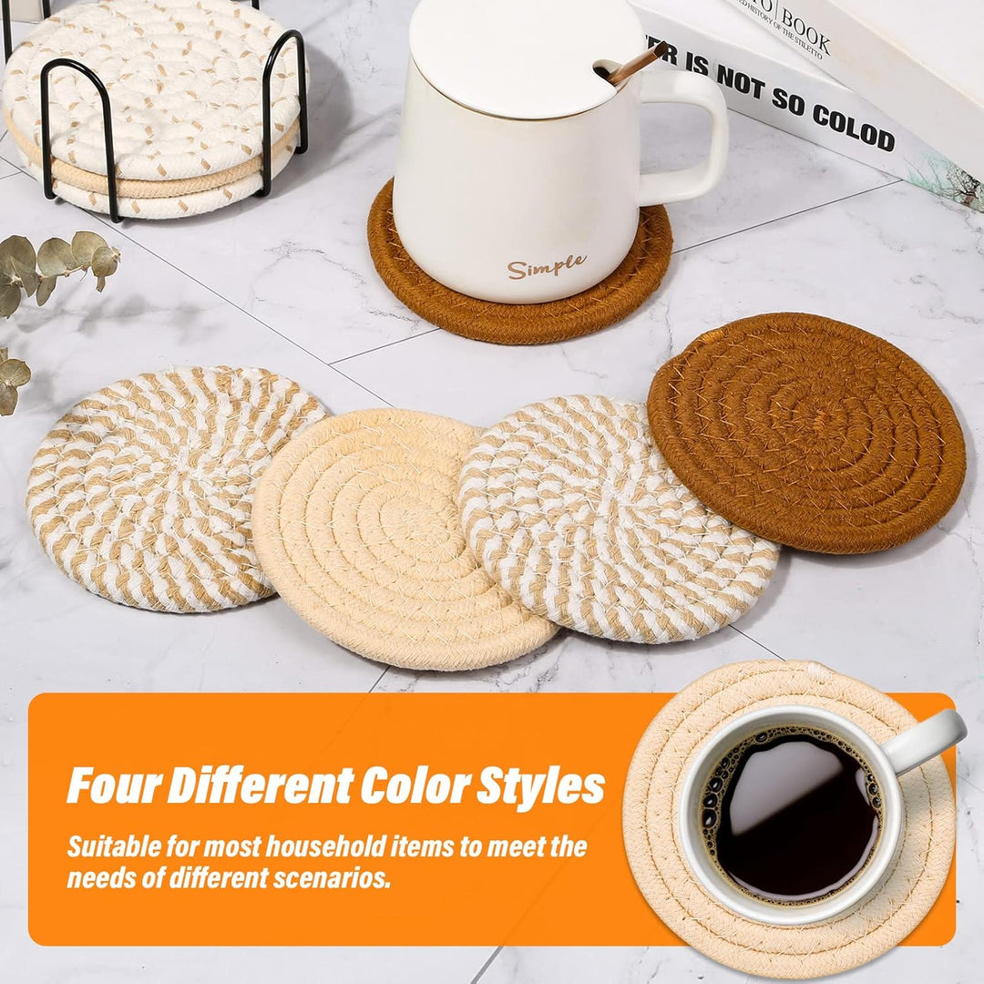 four neutral woven coaster colours with holder