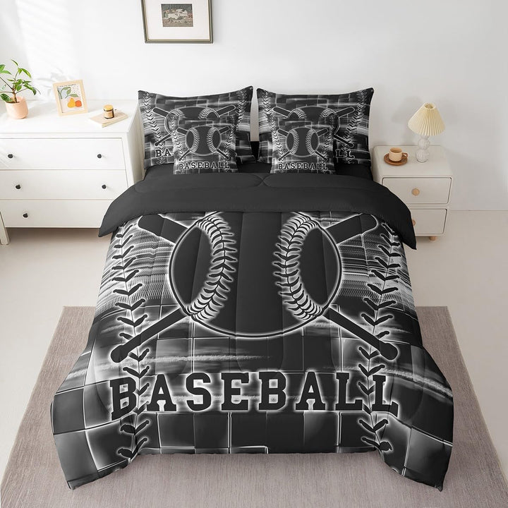 Black and white baseball twin seven-piece bedding set on bed