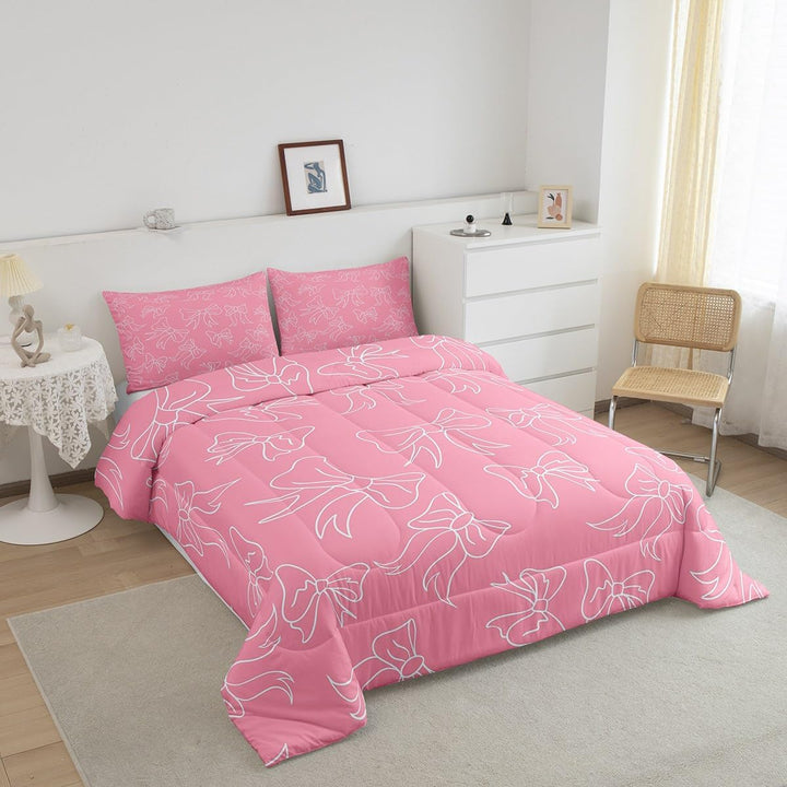 Pink bow comforter from angled view