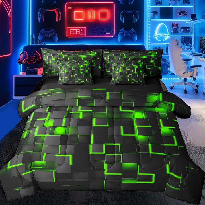 Green and black geometric full seven-piece bedding set