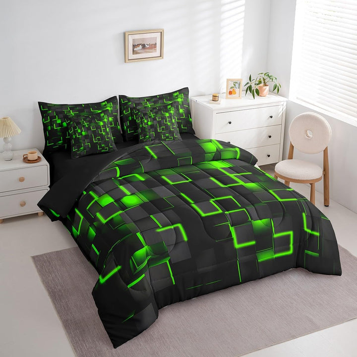 Green geometric comforter angled view