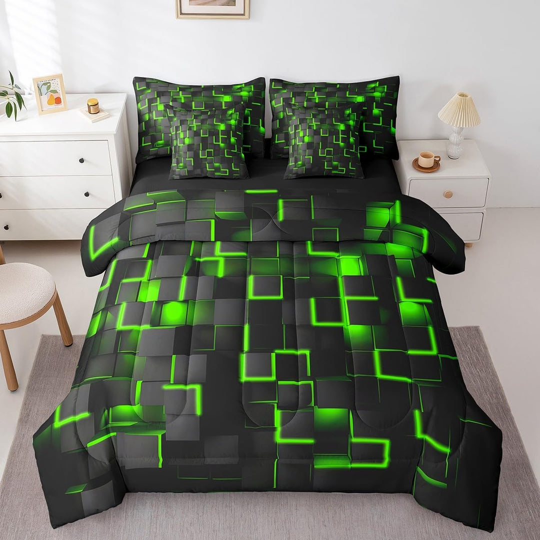 Green geometric comforter front view