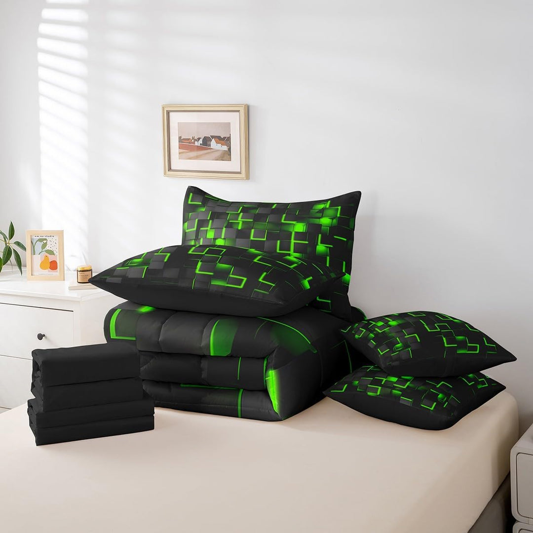 Folded green geometric bedding set contents