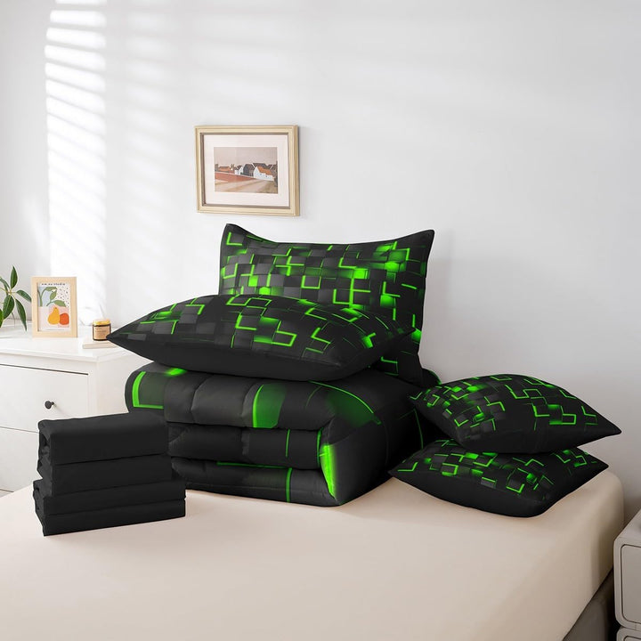 Folded green geometric bedding set contents