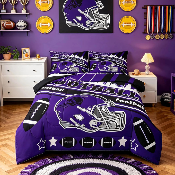 Purple and black football twin comforter on bed