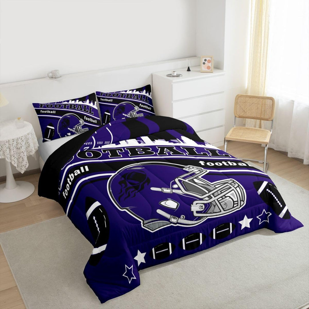 Purple football comforter angled view