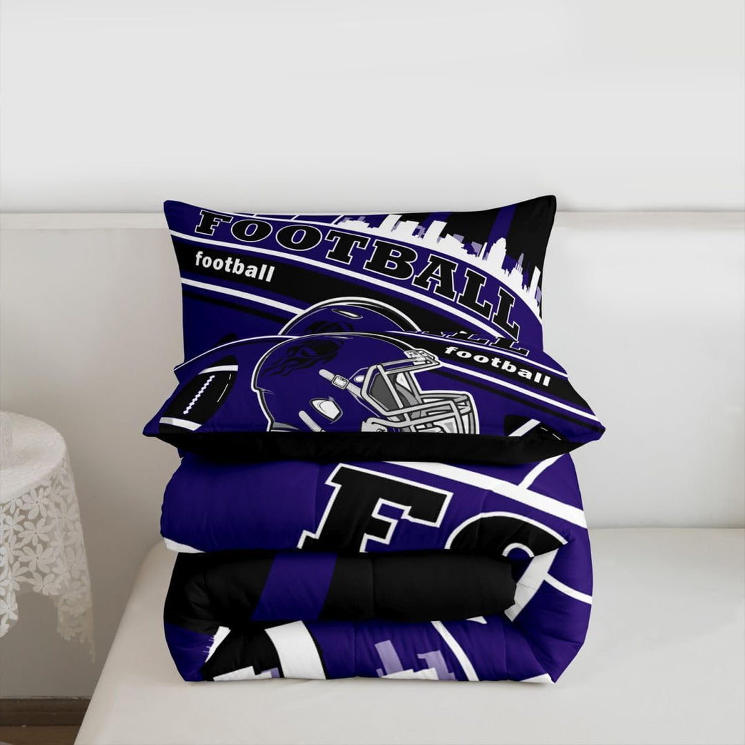 Purple football comforter with matching pillowcase folded