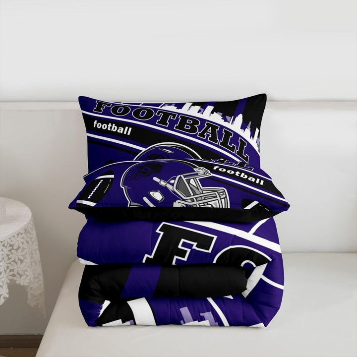Purple football comforter with matching pillowcase folded