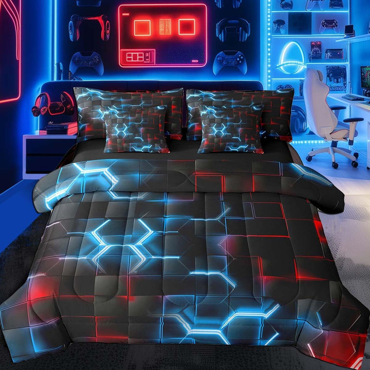Blue and red honeycomb queen seven-piece bedding set