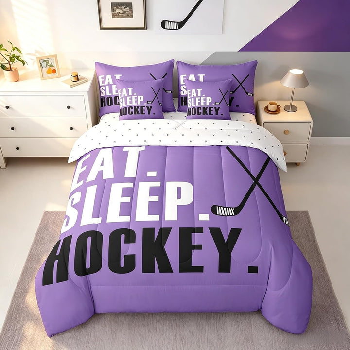 Purple hockey full seven-piece bedding set on bed