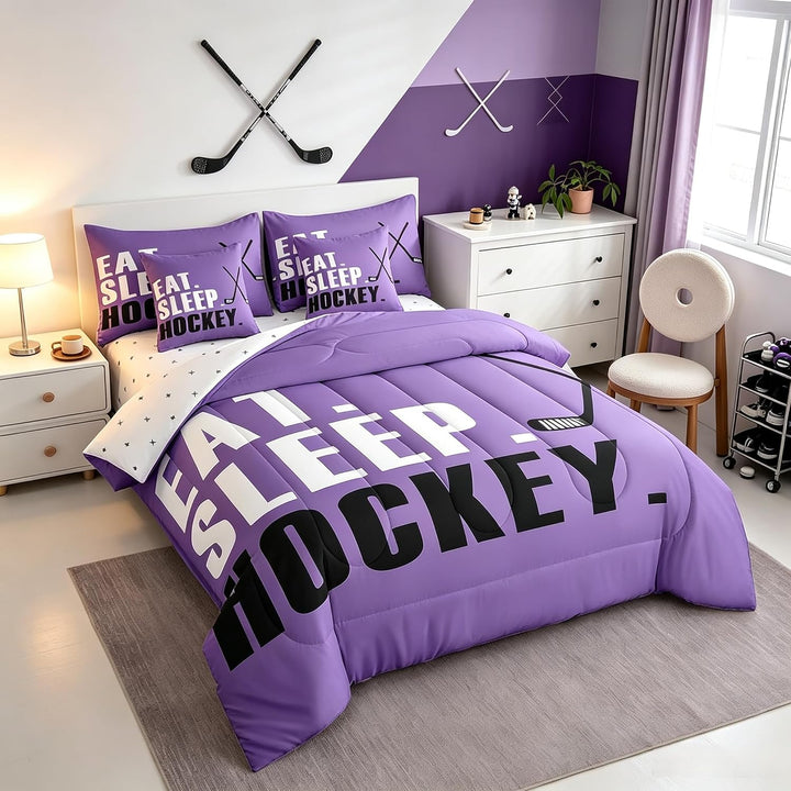 Hockey comforter angled bedroom view
