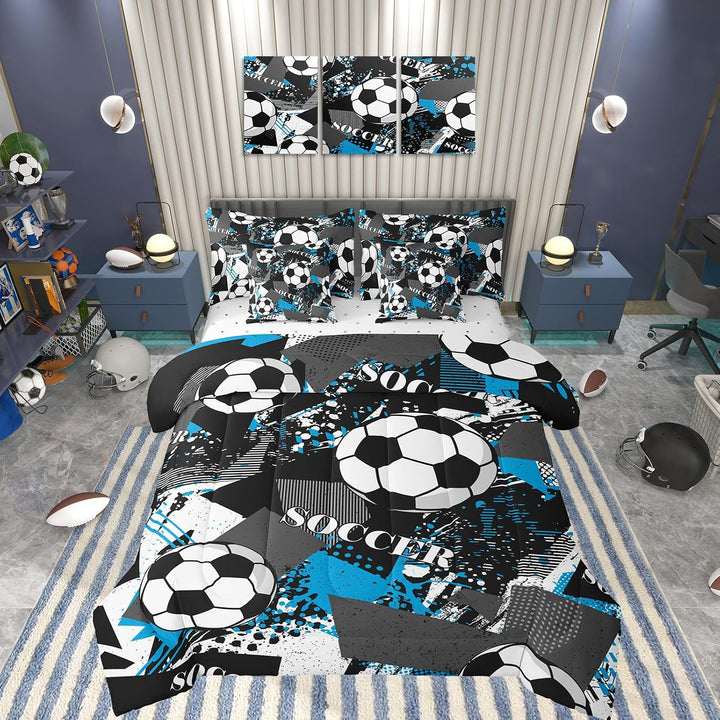 Blue black and white soccer twin seven-piece bedding set