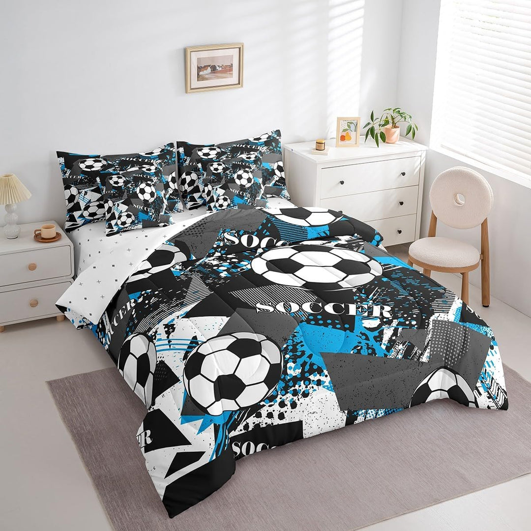 Soccer comforter angled bedroom view