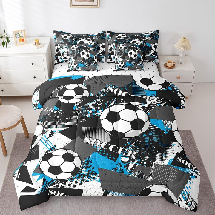 Soccer comforter front bed view