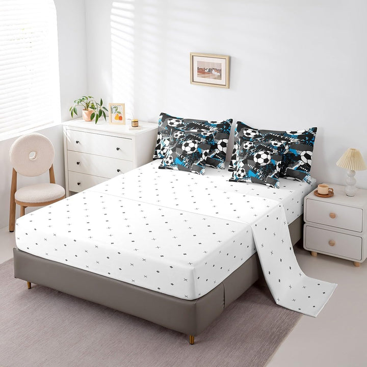 White fitted sheet and soccer pillowcases