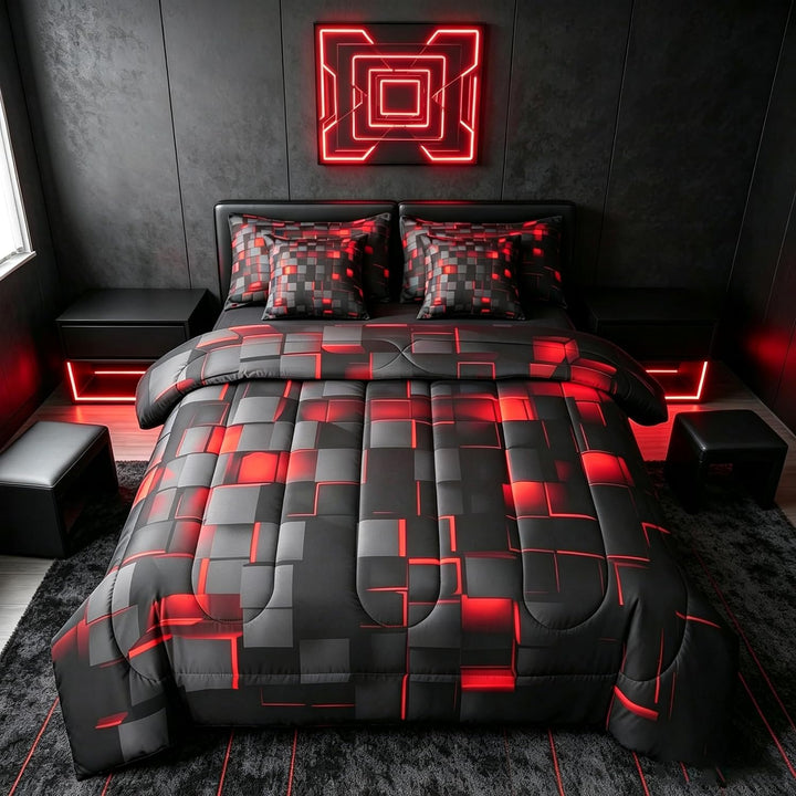 Red and black geometric king seven-piece bedding set