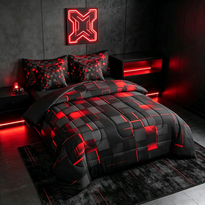 Geometric comforter angled bedroom view