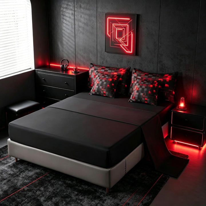 Black fitted sheet with red geometric pillowcases