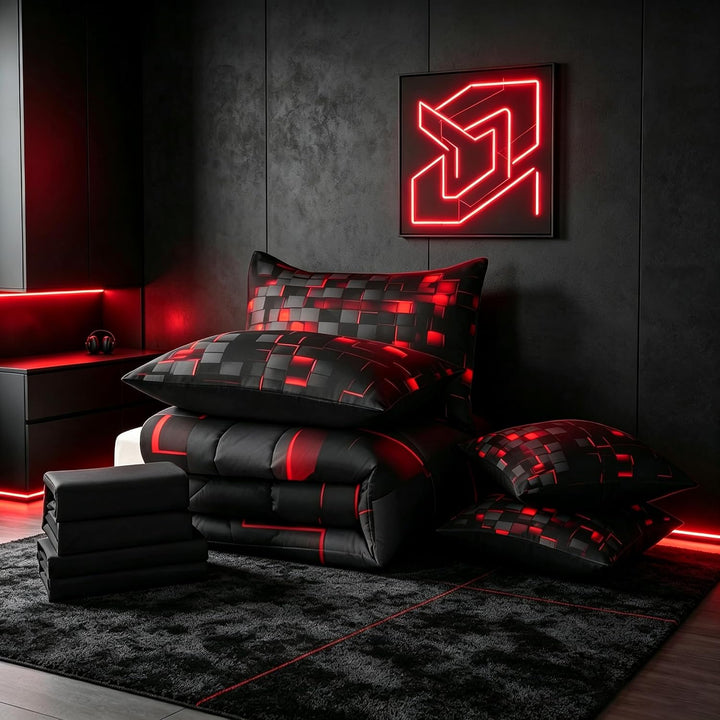 Folded red and black bedding set contents