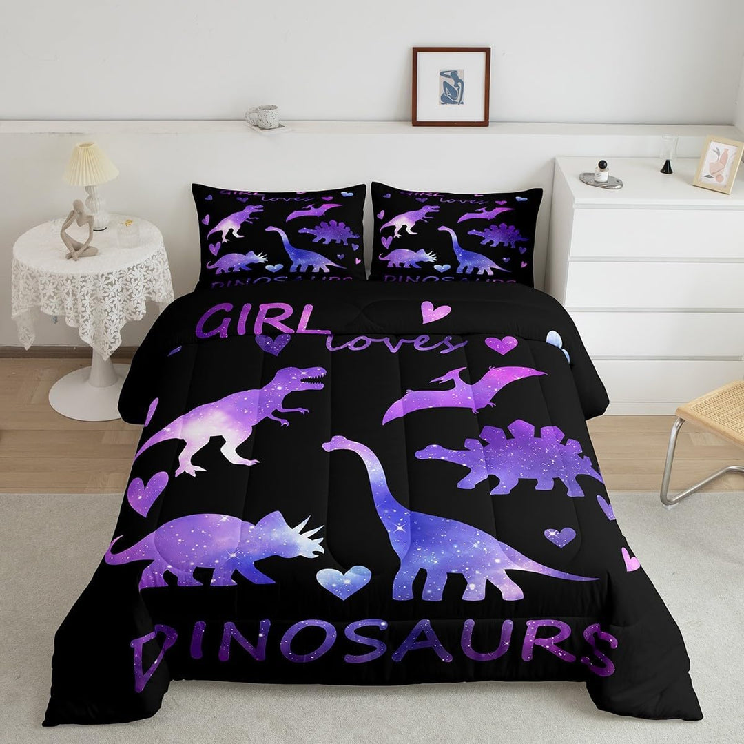 Purple dinosaur full comforter set with two pillowcases, front view