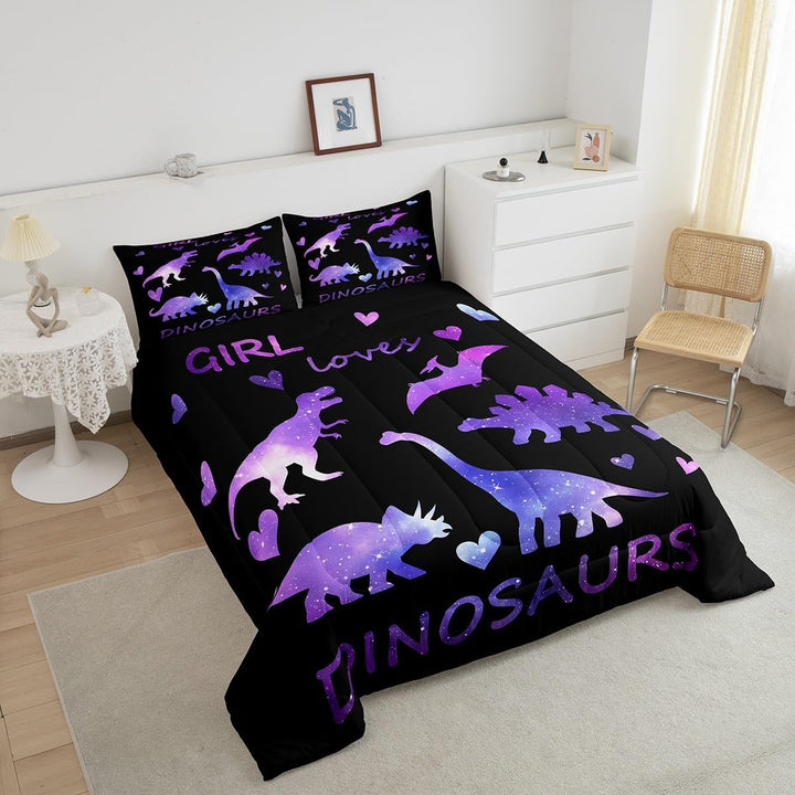 Purple dinosaur comforter and pillowcases, alternate view
