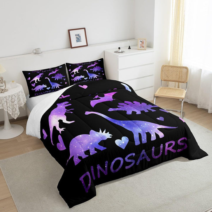 Purple dinosaur comforter on bed with pillows