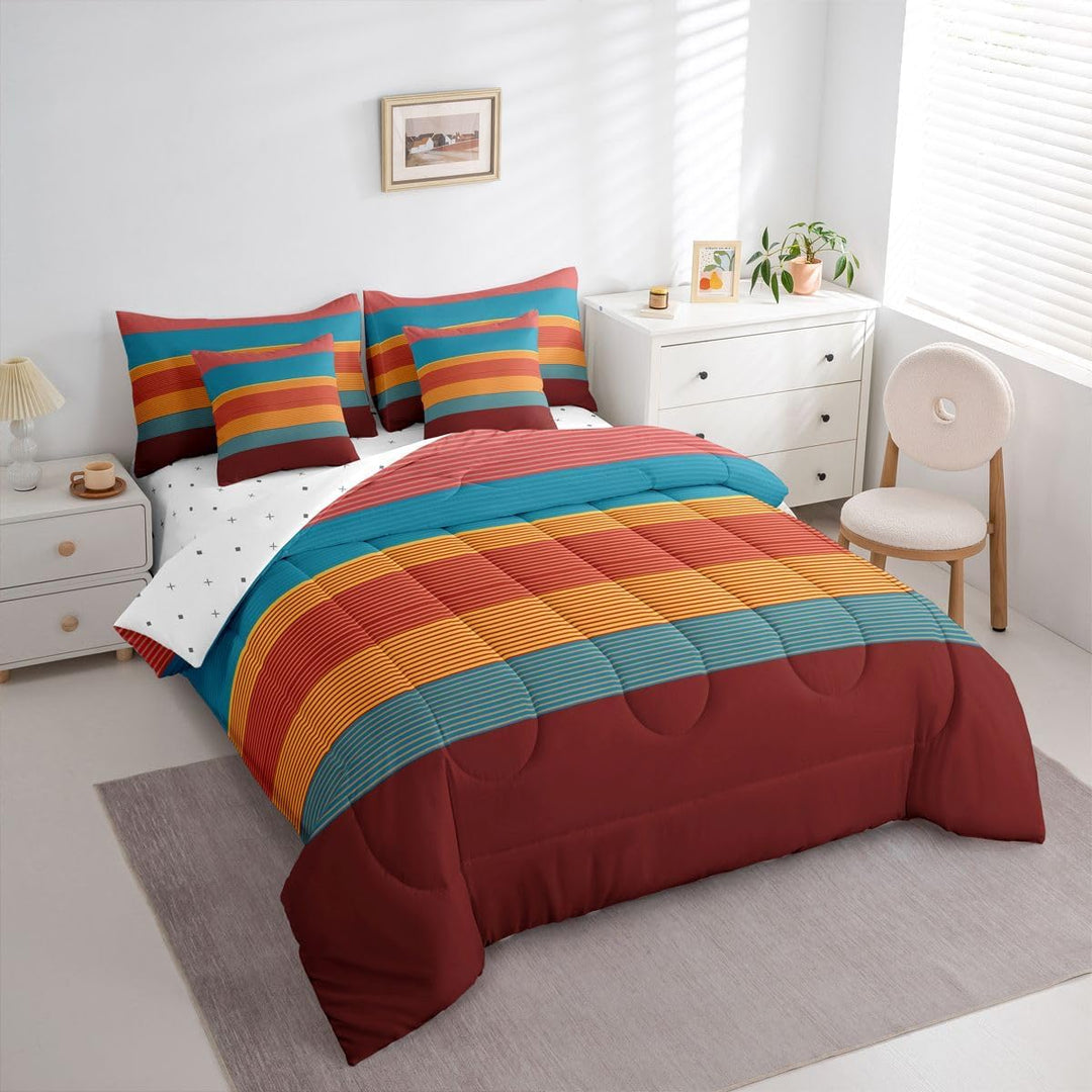 Striped twin bedding set in a bedroom, side angle