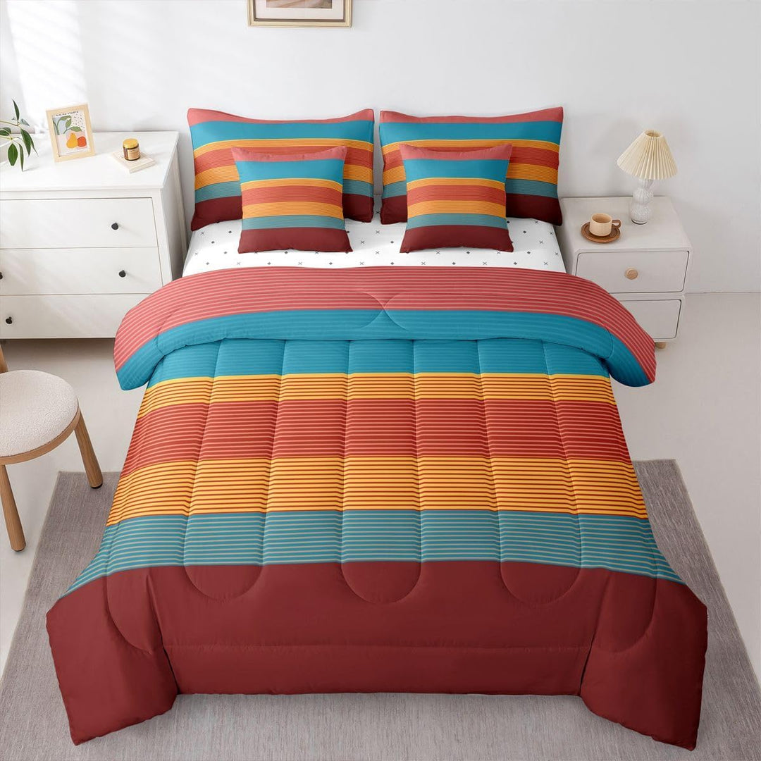 Close view of striped twin comforter and pillows