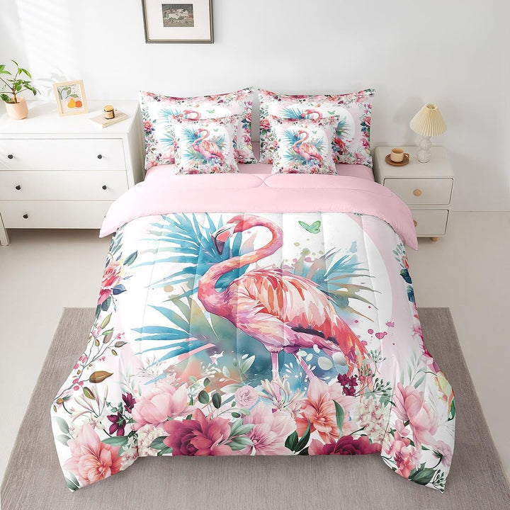 Pink floral flamingo twin comforter set, front view