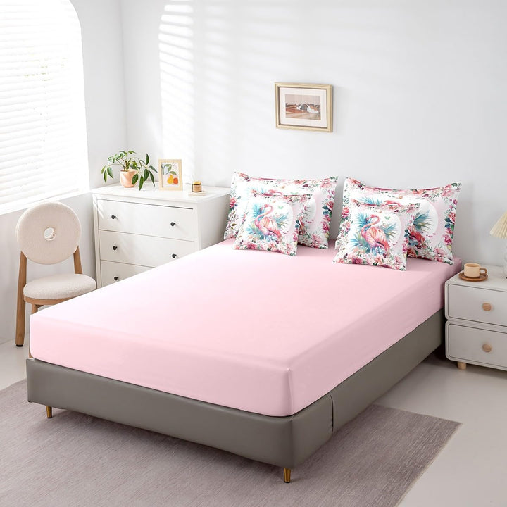 Flamingo twin fitted sheet and pillowcases, side view