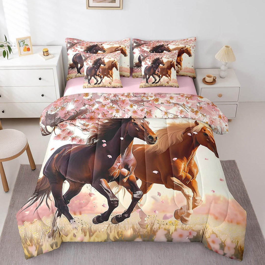 Twin horse comforter and pillow covers on bed