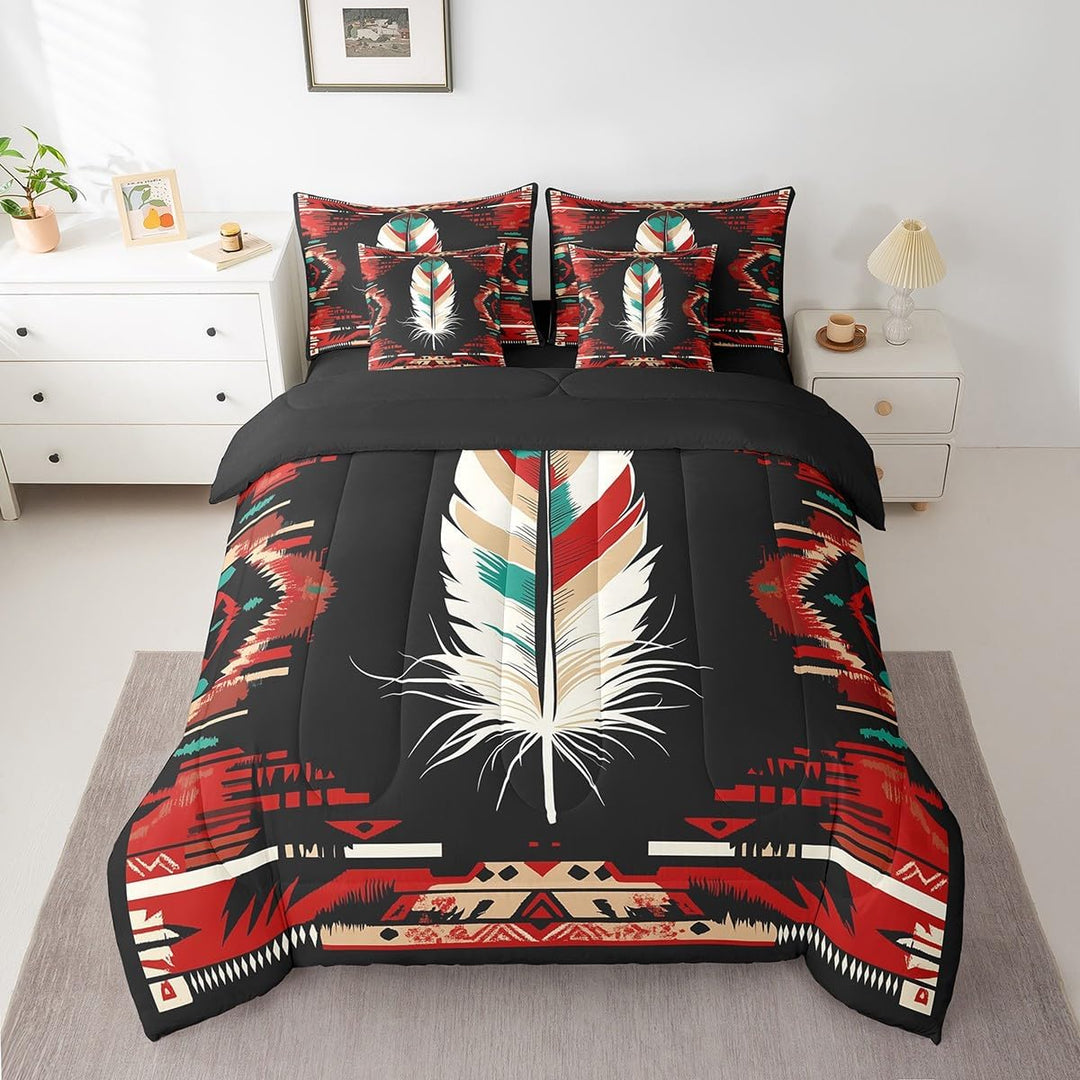 Red and black feather full comforter set, front view