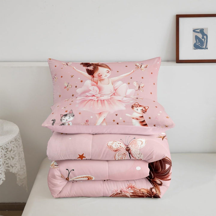 Folded pink ballerina comforter and pillowcase