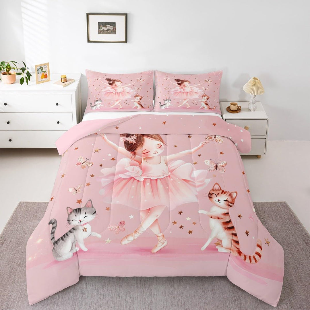 Pink ballet comforter on bed, alternate view