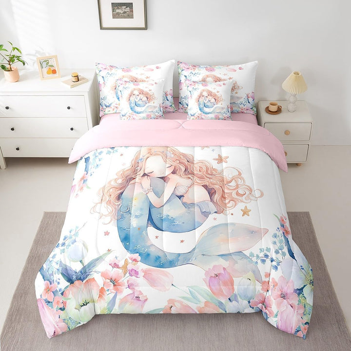Blue and pink mermaid twin comforter set, front view