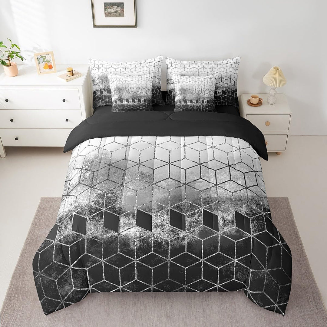Black and grey honeycomb king comforter set, front view