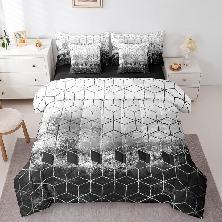 Honeycomb comforter and pillow covers on bed