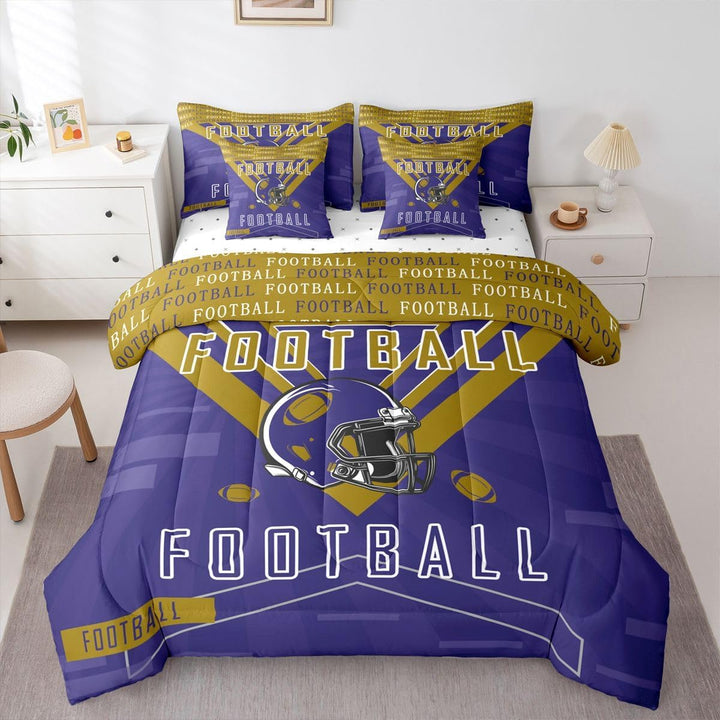 Purple and gold football full comforter set, front view